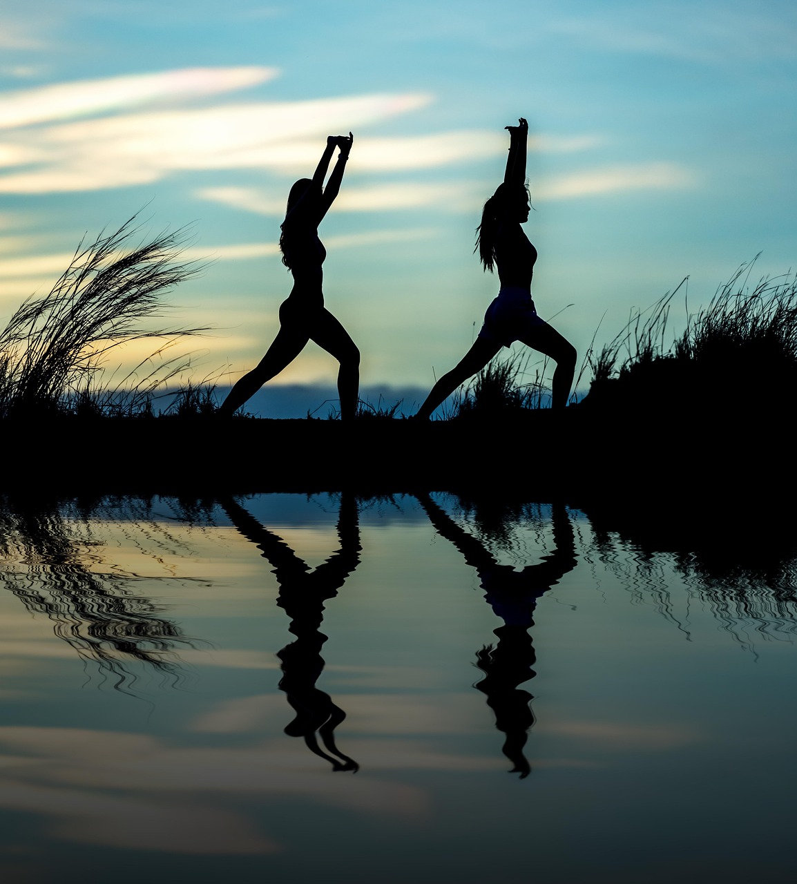 women, nature, yoga, silhouettes, water, reflection, mirroring, water reflection, pose, posing, yoga pose, meditation, stretching, wellness, well-being, exercise, adults, asia, girls, morning, outdoors, pair, people, stance, sunrise, sunset